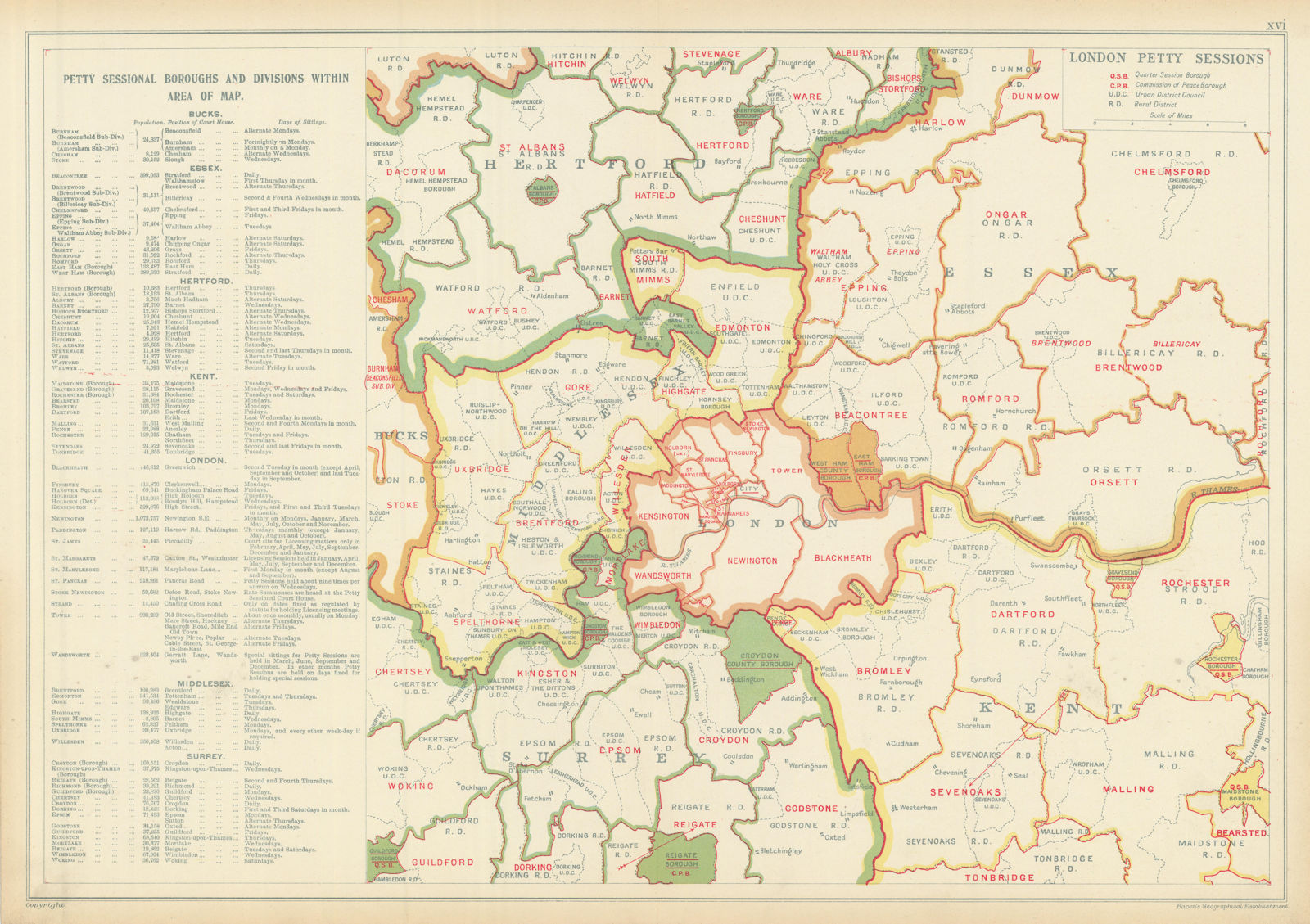 LONDON PETTY SESSIONS/sessional boroughs/divisions. Law. Courts. BACON 1913 map